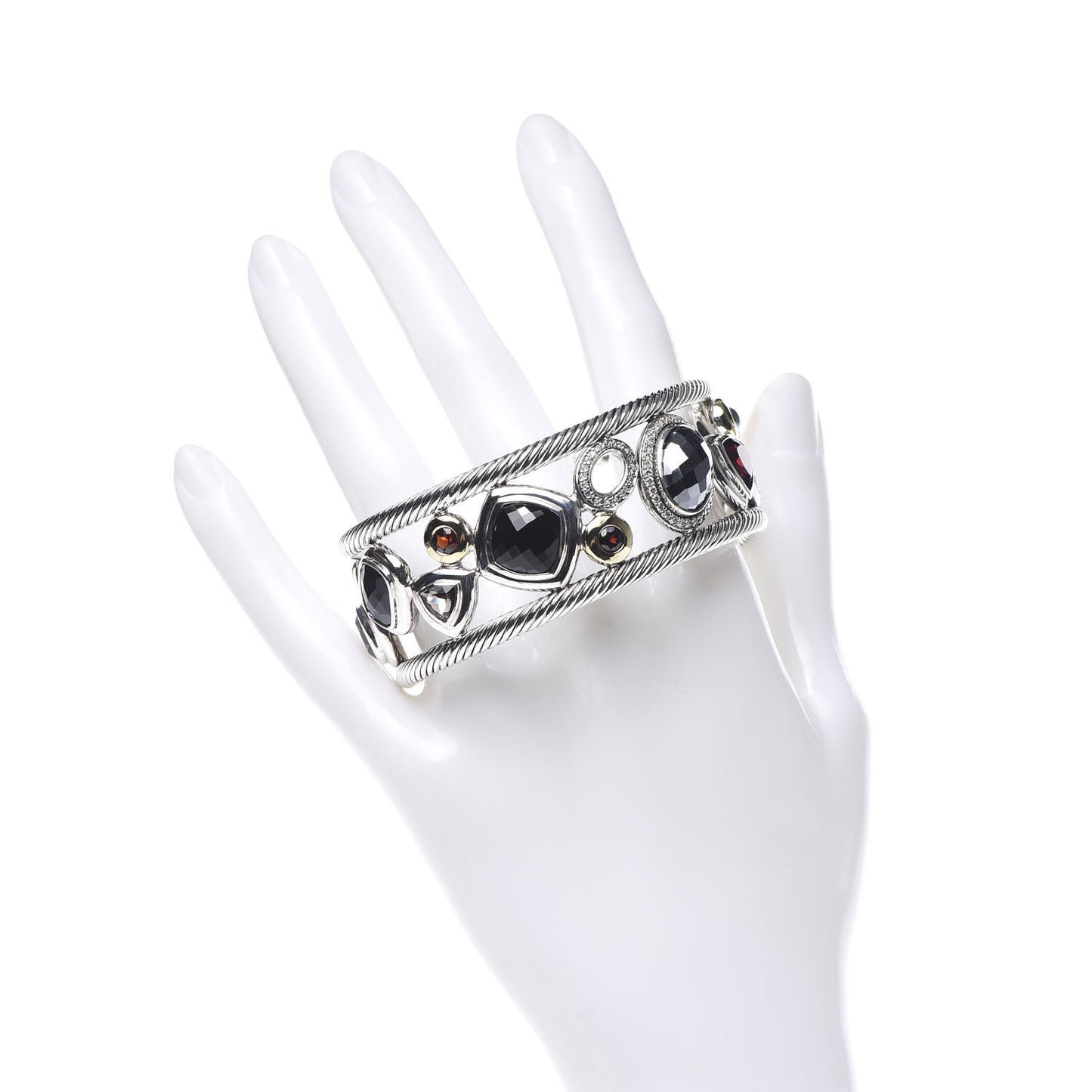 Sterling Silver 18K Yellow Gold Diamond Garnet Hematite Onyx Smoky Quartz Mosaic Cuff Bracelet