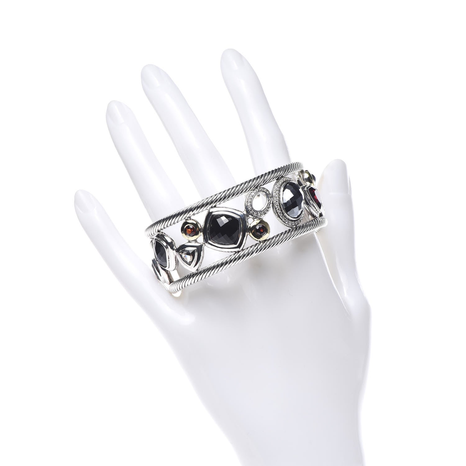 David Yurman Sterling Silver 18K Yellow Gold Diamond Garnet Hematite Onyx Smoky Quartz Mosaic Cuff Bracelet 2 of 5