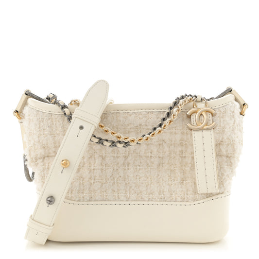 Tweed Calfskin Quilted Small Gabrielle Hobo Beige Ivory