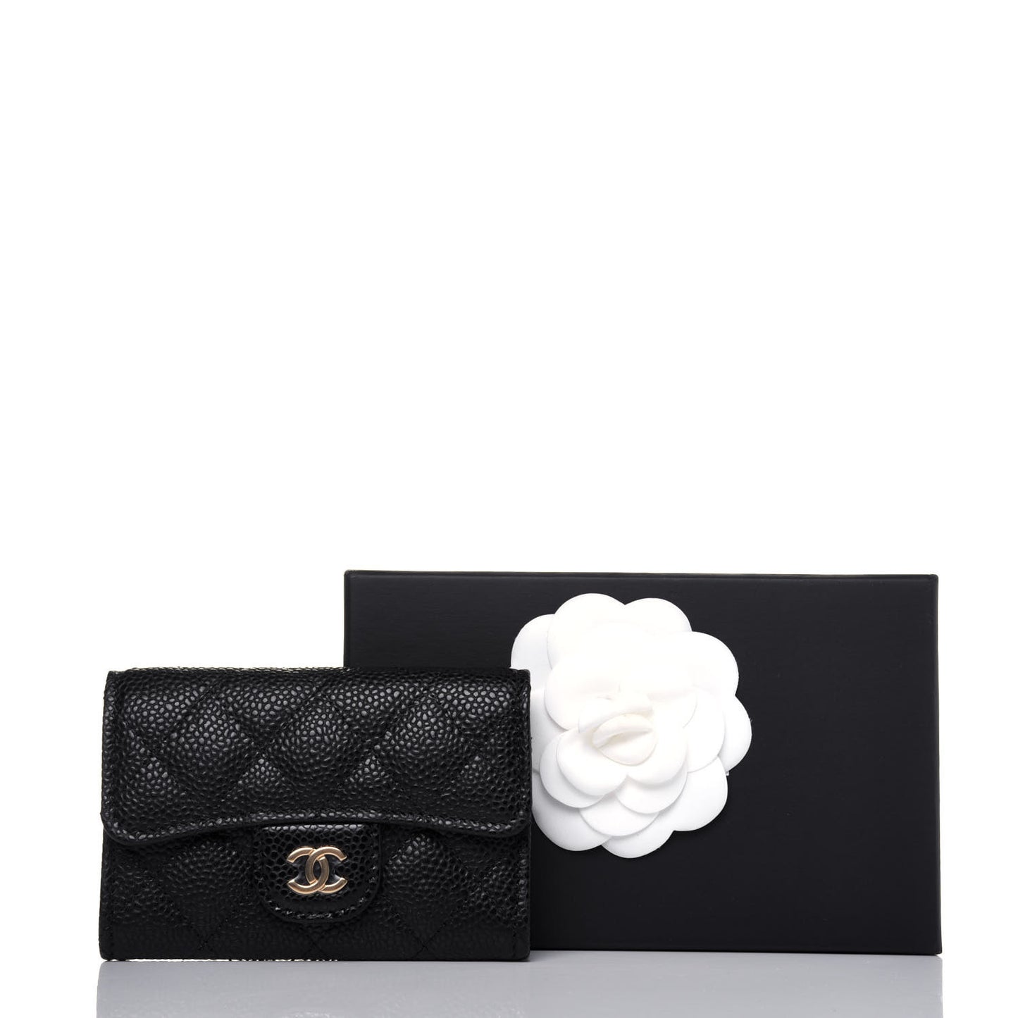 Caviar Quilted Flap Card Holder Wallet Black