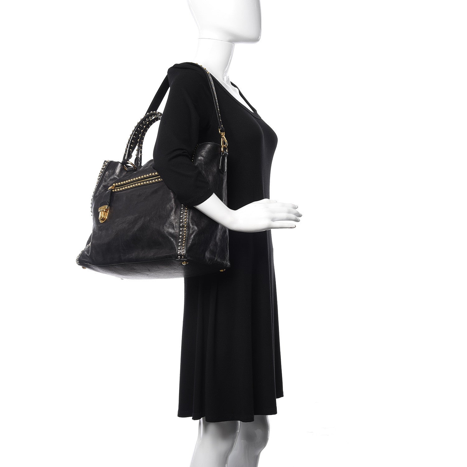 Prada Glace Calf Studded Tote Black 2 of 13