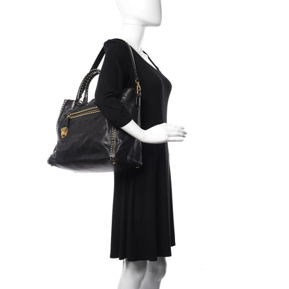 Prada Glace Calf Studded Tote Black 2 of 13