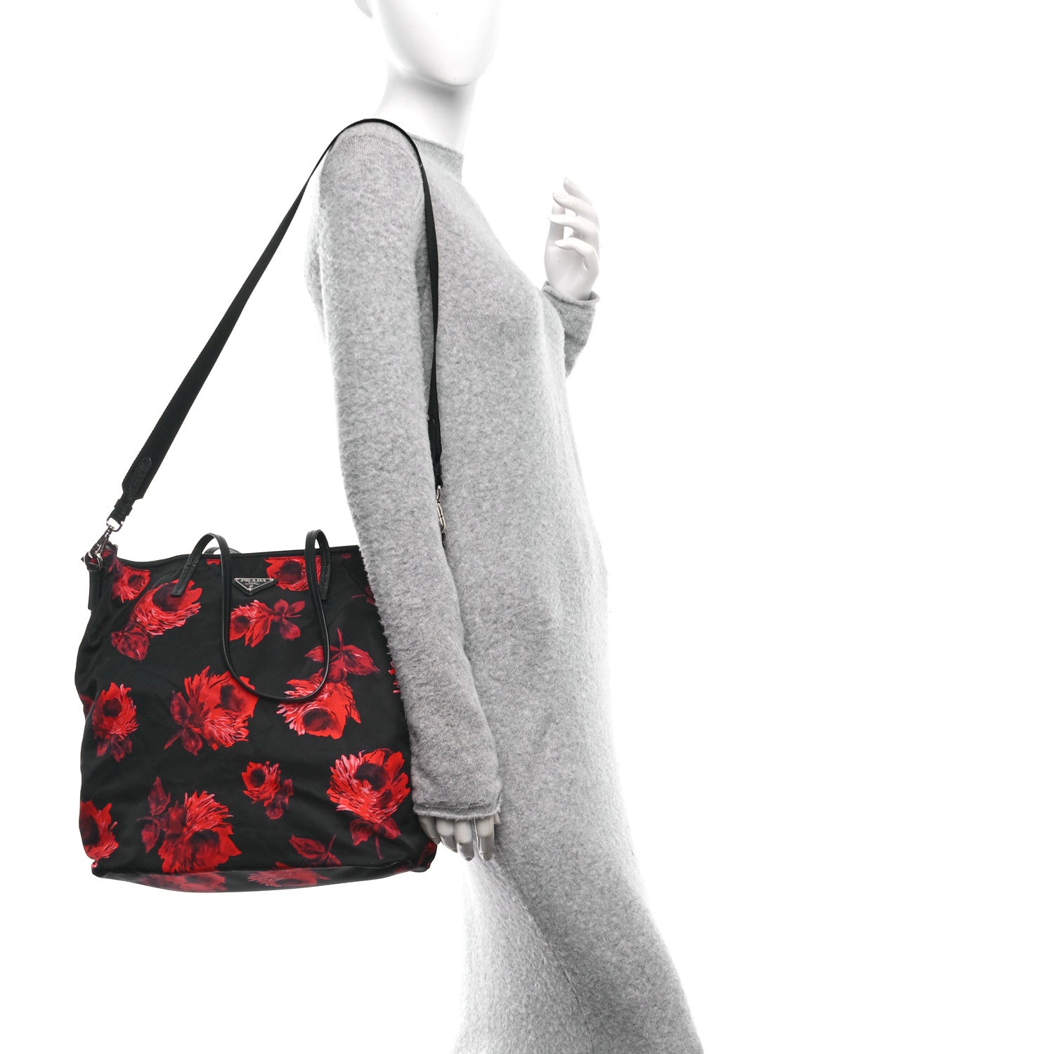 Prada Tessuto Nylon Saffiano Rose Print Tote Black Rosso 2 of 9