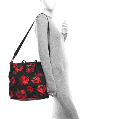 Prada Tessuto Nylon Saffiano Rose Print Tote Black Rosso 2 of 9