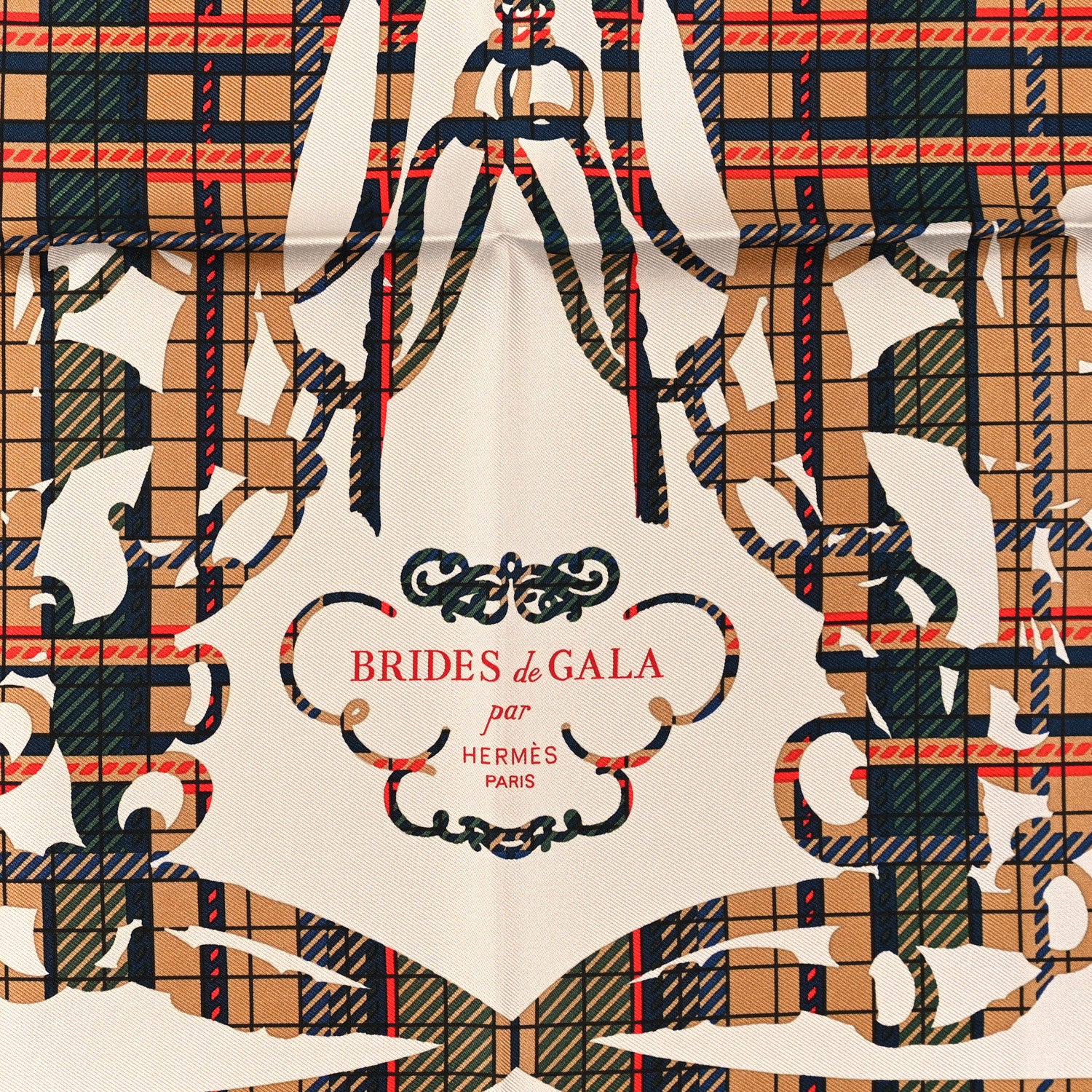 Hermes Silk Brides De Gala Tartan Pocket Square Ajaccio Beige