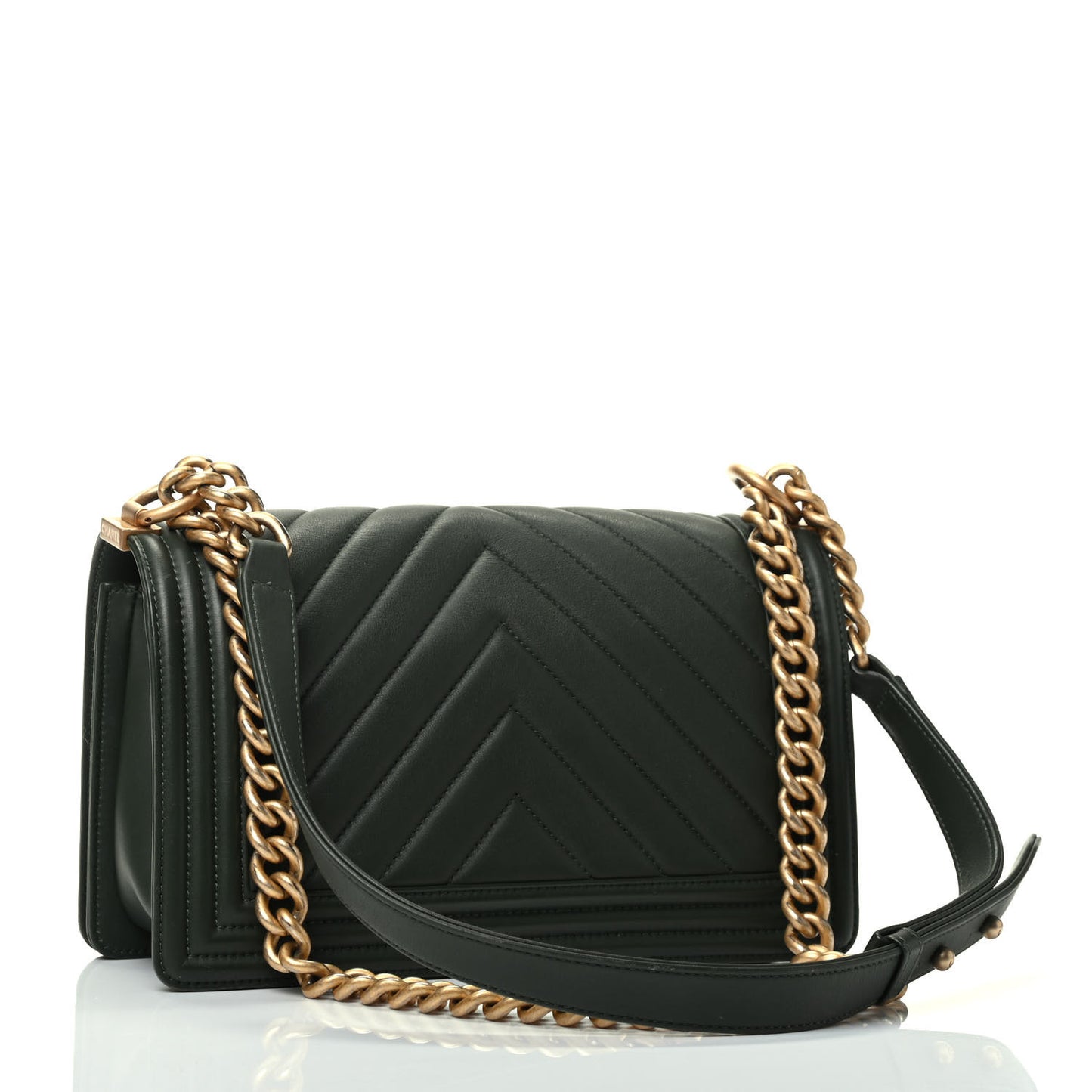 Calfskin Chevron Quilted Medium Boy Flap Dark Green