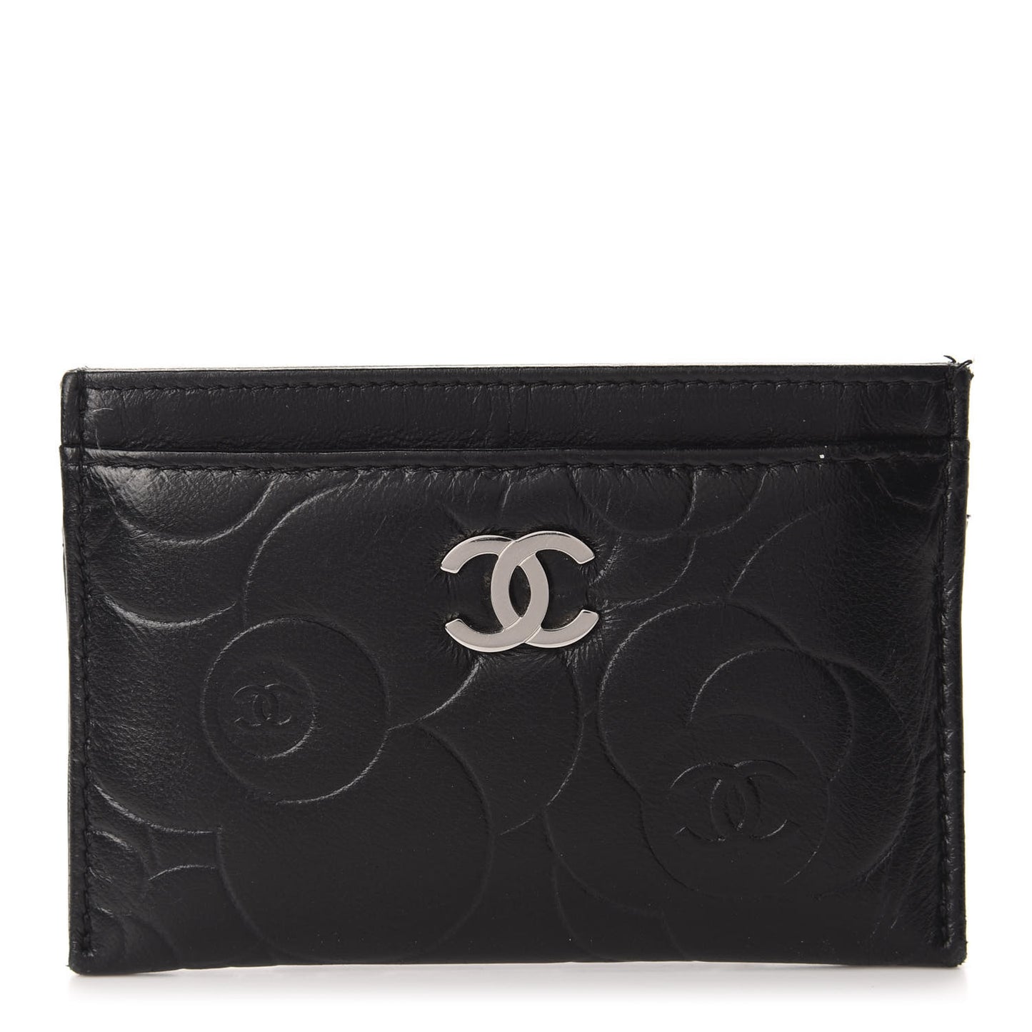 Lambskin Camellia Embossed Card Holder Black