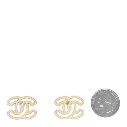 Chanel Metal Enamel CC Earrings Gold White 2 of 4