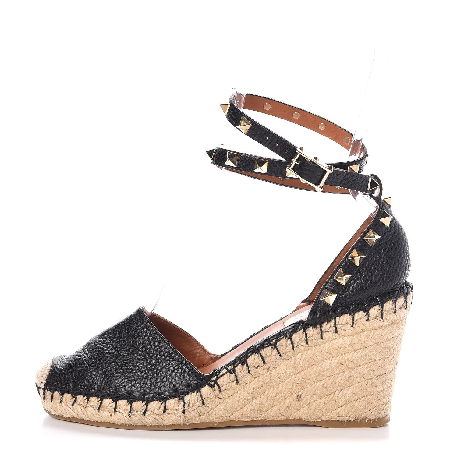 Valentino Garavani Grained Calfskin Rockstud Ankle Wrap Espadrille 15/85mm Wedges 36 Black Light Cuir 1 of 8