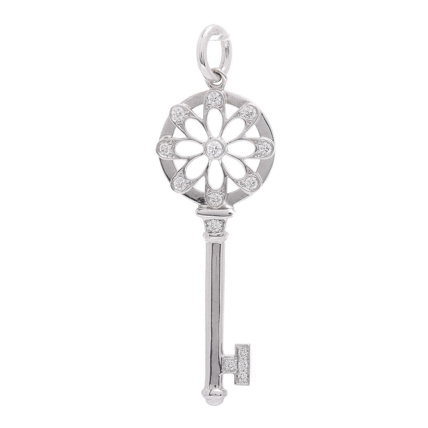Tiffany 18K White Gold Diamond Floral Key Pendant 1 of 3