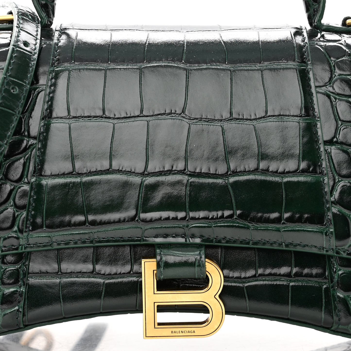 Shiny Calfskin Crocodile Embossed Small Hourglass Top Handle Bag Forest Green