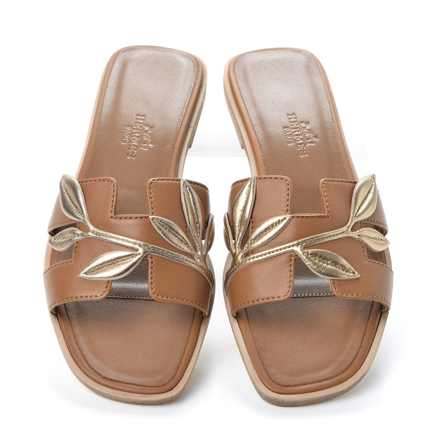 Hermes Metallic Lambskin Nappa Laurel Oran Sandals 35 Naturel Champagne 6 of 10