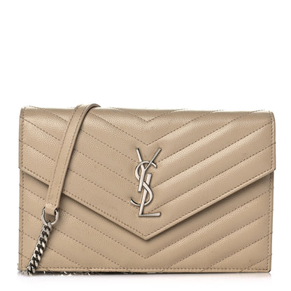 Saint Laurent Grain De Poudre Matelasse Chevron Monogram Envelope Chain Wallet Dark Beige 1 of 10