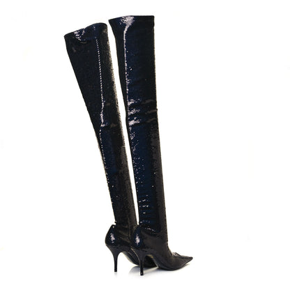Balenciaga Metallic Sequin Spandex 110mm Knife Thigh High Boots 38 Black 4 of 7