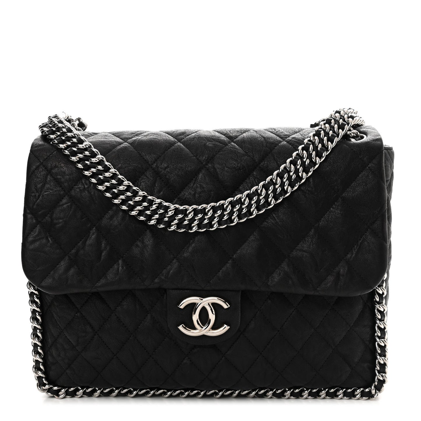 Washed Lambskin Quilted Maxi Chain Around Flap Black