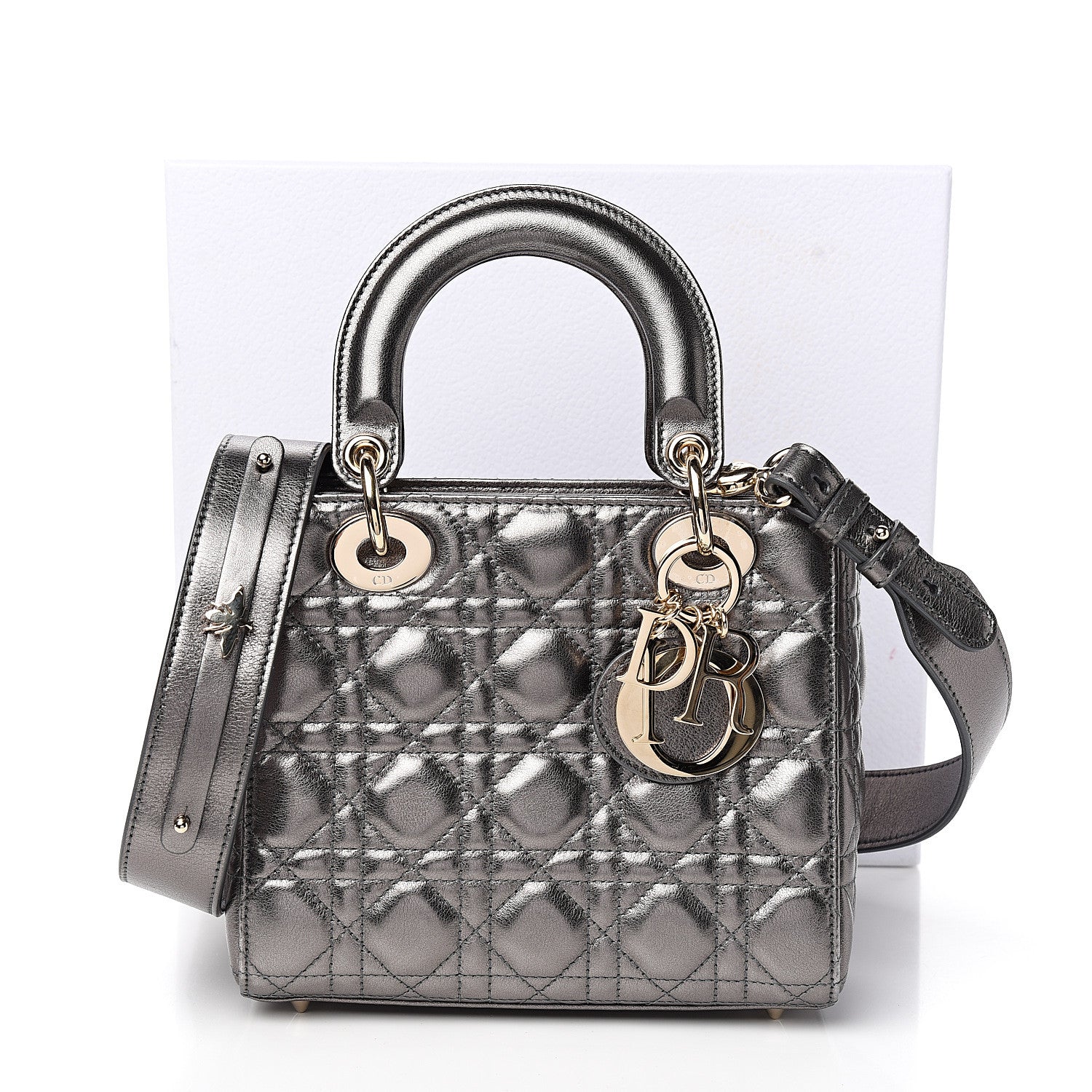 Christian Dior Metallic Grained Calfskin Cannage Small Lady Dior Gunmetal 10 of 10