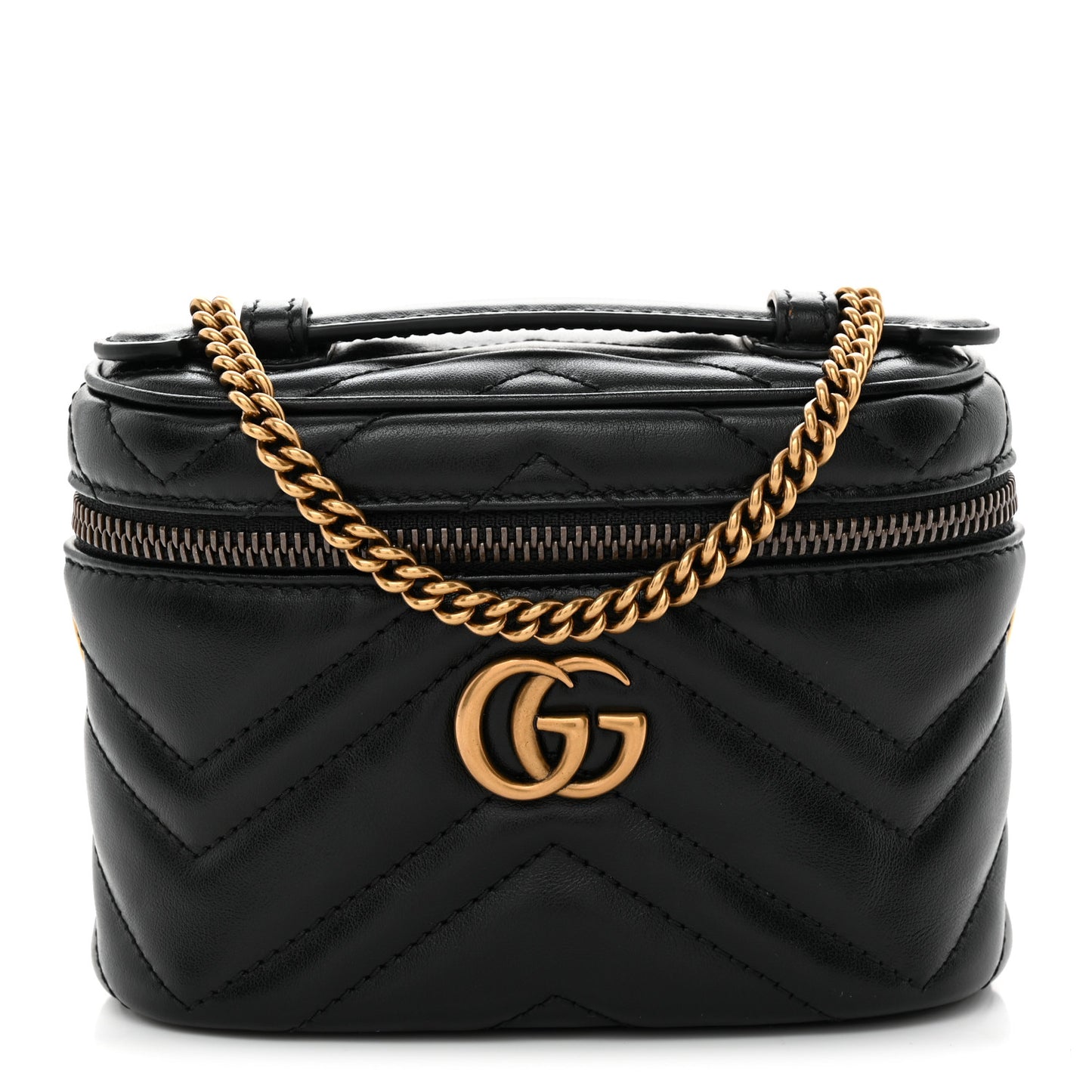 Calfskin Matelasse Chevron Mini GG Marmont Top Handle Bag Black