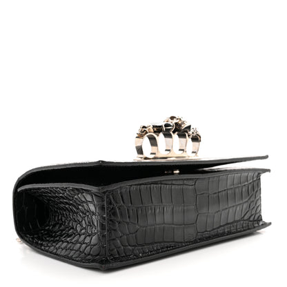 Alexander McQueen Shiny Calfskin Crocodile Embossed Knuckle Jeweled Crossbody Black 4 of 10