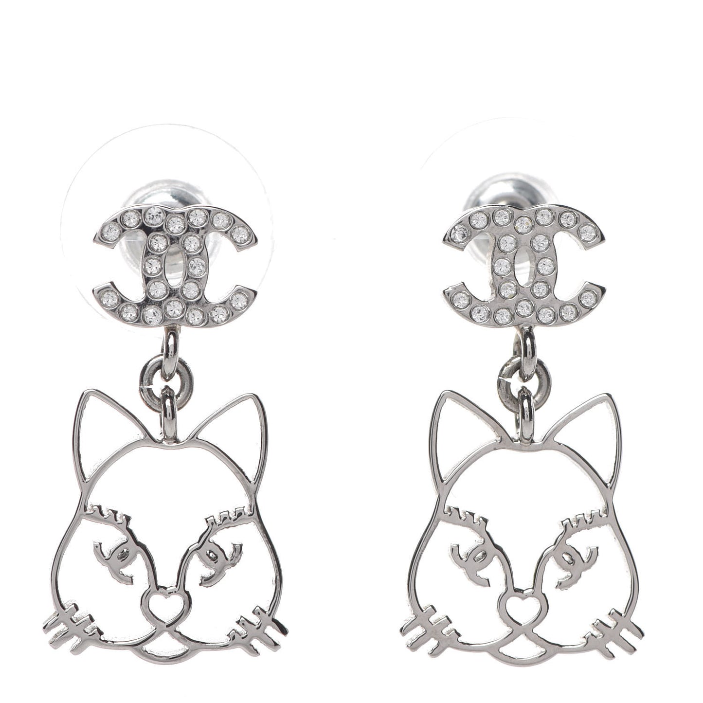 Crystal Emoji Choupette Cat CC Earrings Silver