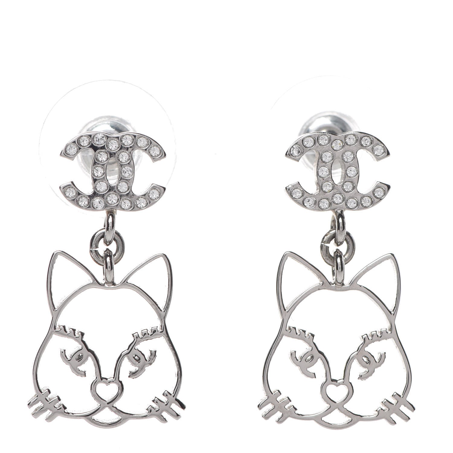 Chanel Crystal Emoji Choupette Cat CC Earrings Silver 1 of 5