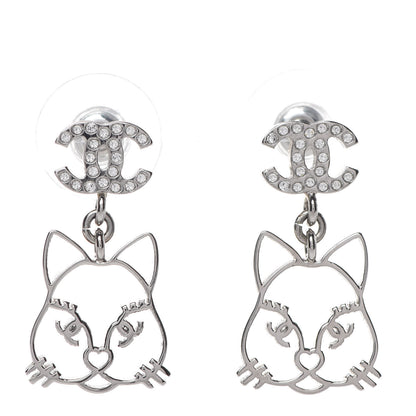 Chanel Crystal Emoji Choupette Cat CC Earrings Silver 1 of 5