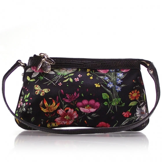 Gucci Silk Flower Garden Bumble Bee Charm Pochette Black 1 of 11