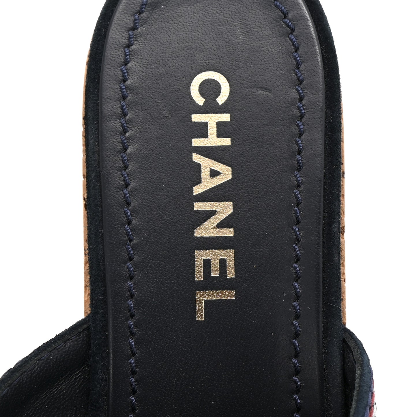 Suede Calfskin Cork CC Wedge Sandal 39 Navy Blue