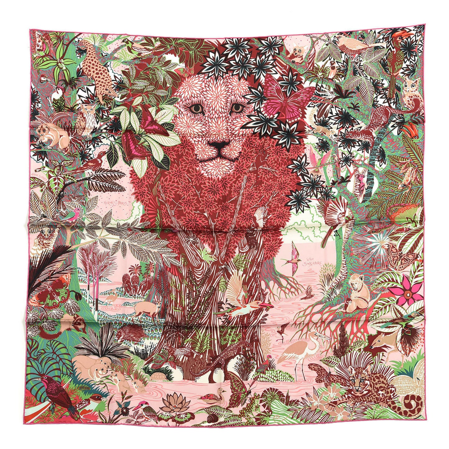 Silk Wild Singapore Scarf 90 Rose Vert Bordeaux