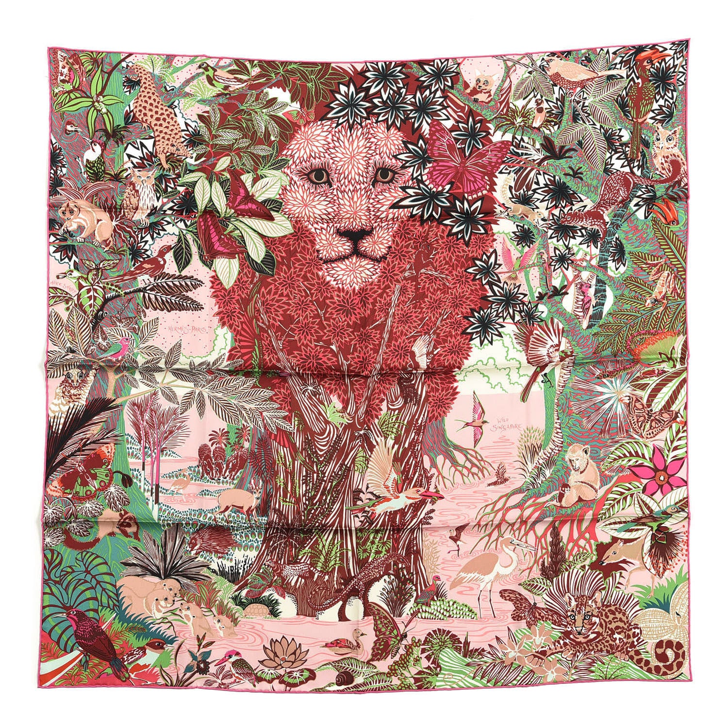 Hermes Silk Wild Singapore Scarf 90 Rose Vert Bordeaux 1 of 5