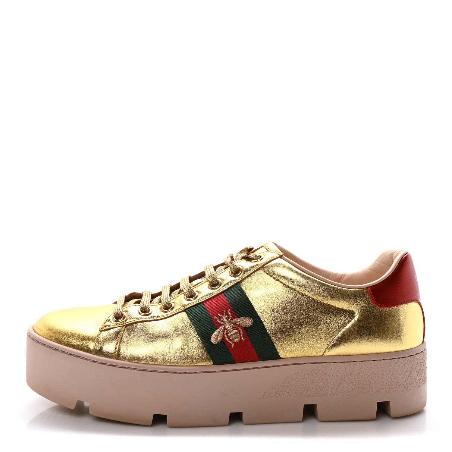 Gucci Metallic Nappa Web Bee Embroidered Womens Ace Platform