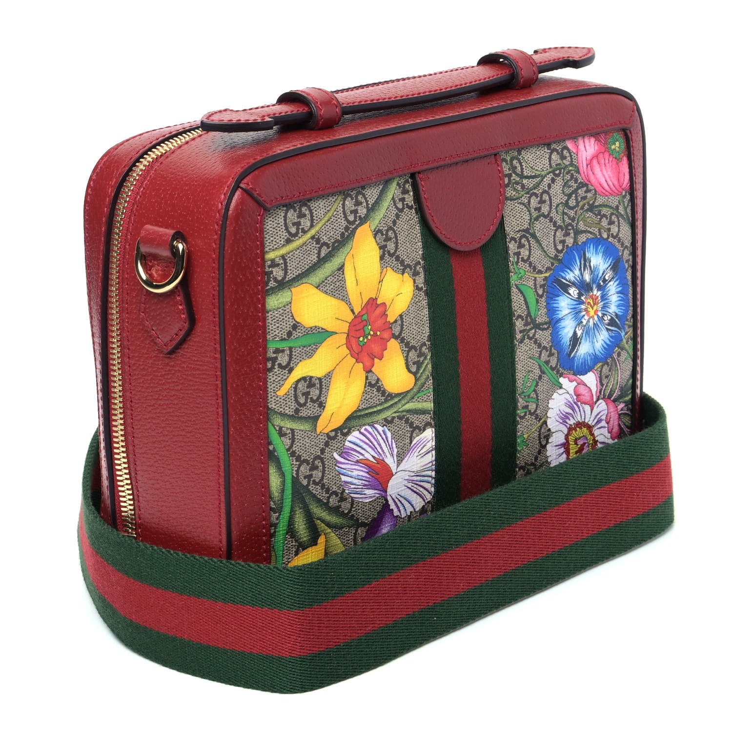 Gucci GG Supreme Monogram Flora Web Small Ophidia Top Handle Shoulder Bag Hibiscus Red 2 of 5