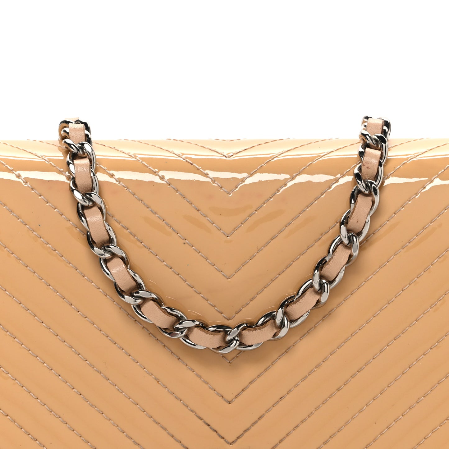 Patent Calfskin Chevron Quilted Wallet On Chain WOC Beige