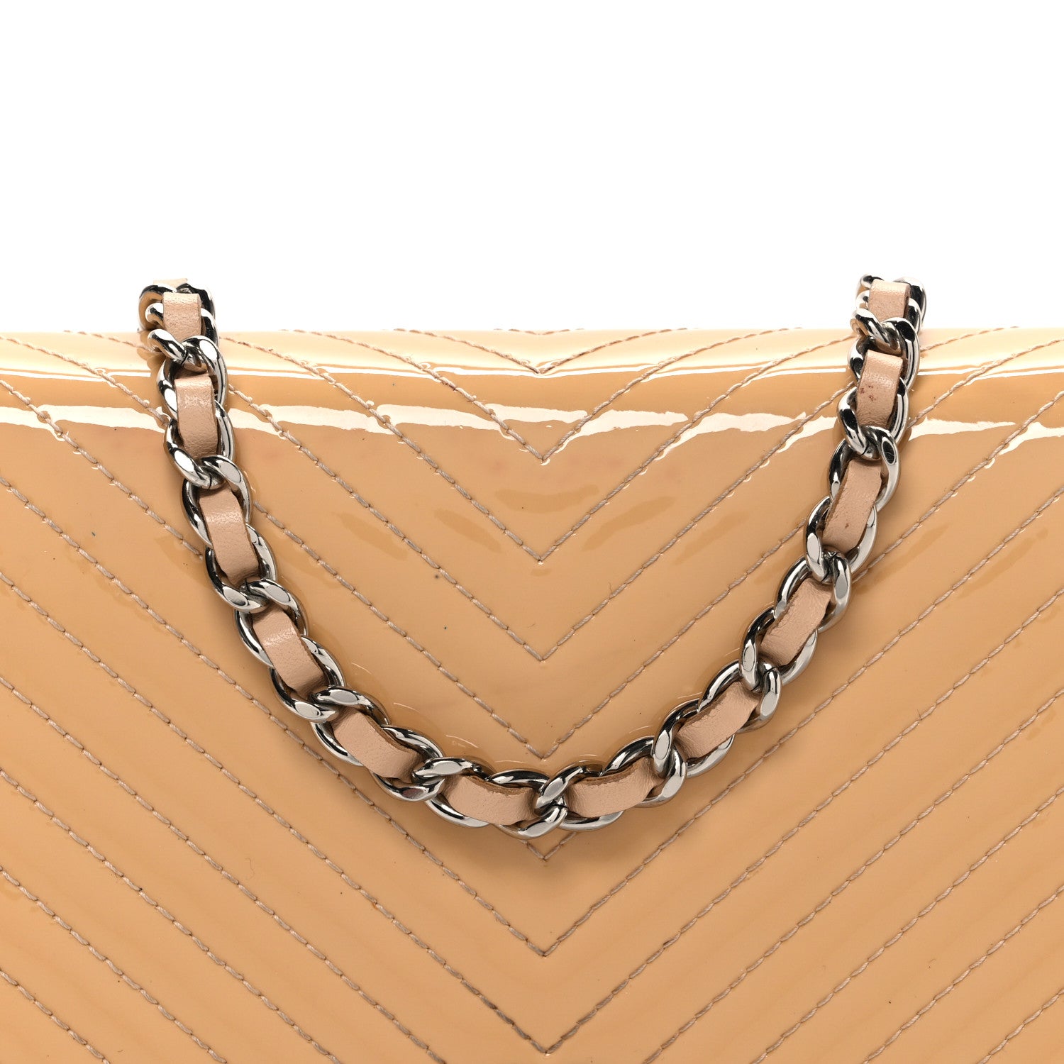 Chanel Patent Calfskin Chevron Quilted Wallet On Chain WOC Beige 9 of 12