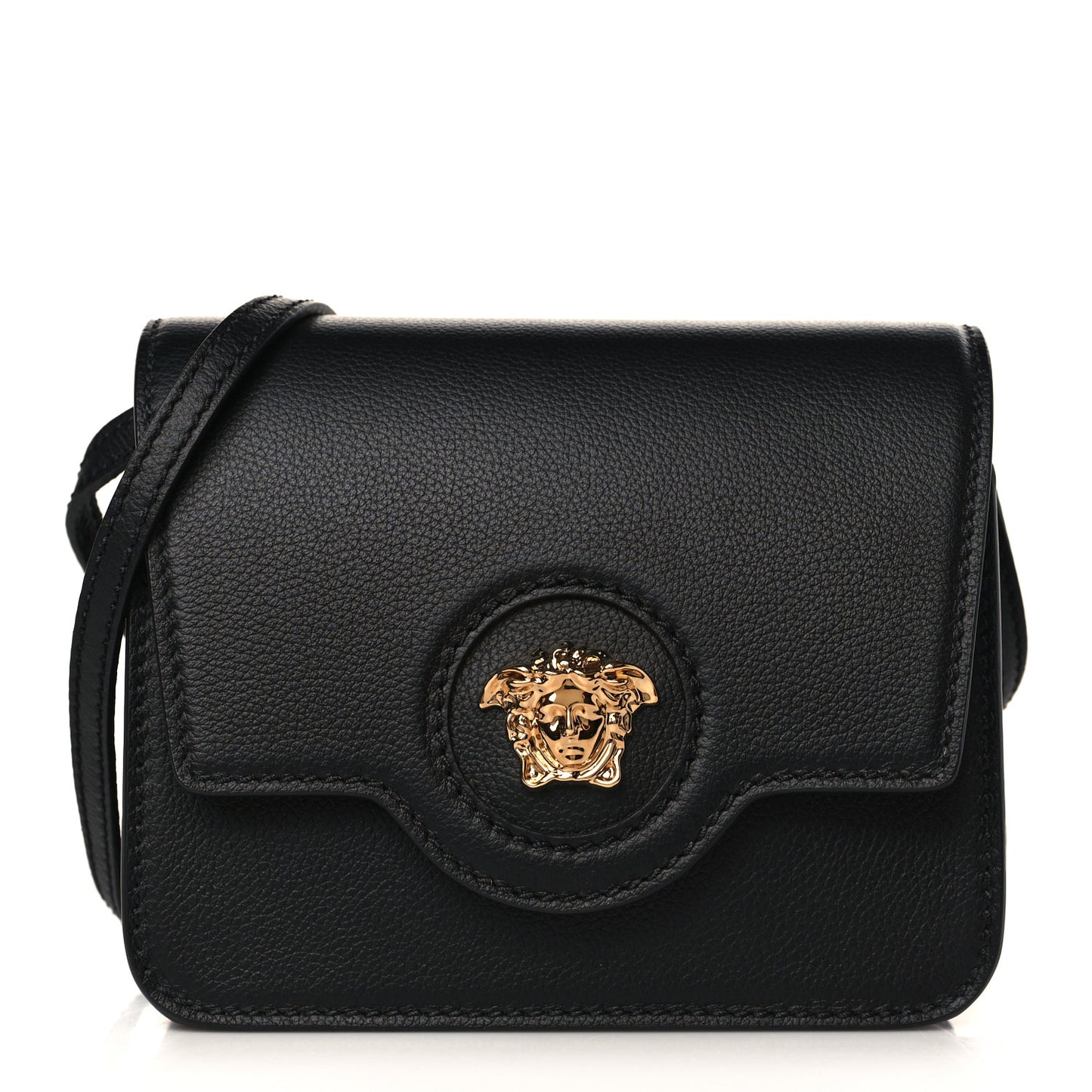 Grained Calfskin Medusa Shoulder Bag Black