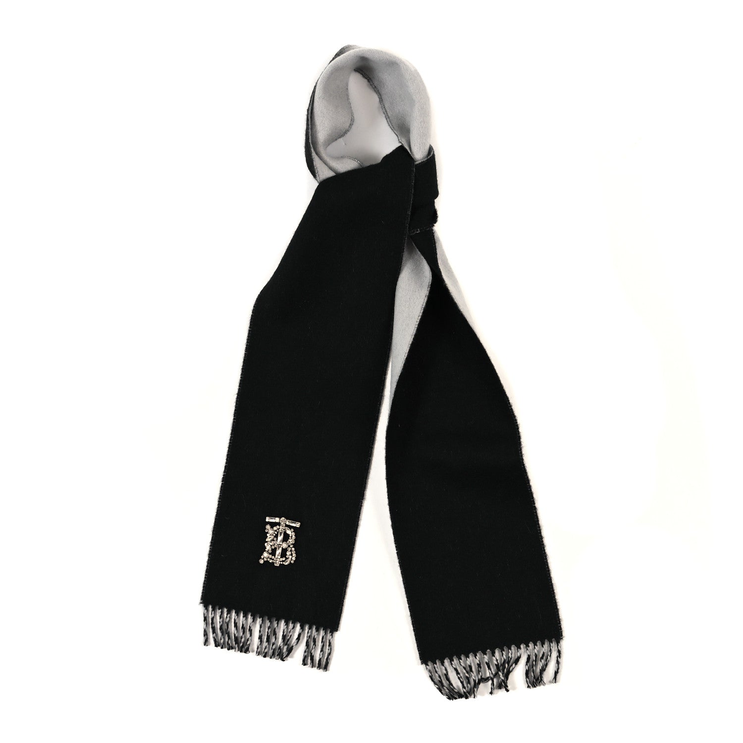 Burberry Cashmere Wool Crystal TB Logo Fringe Scarf Black 1 of 3