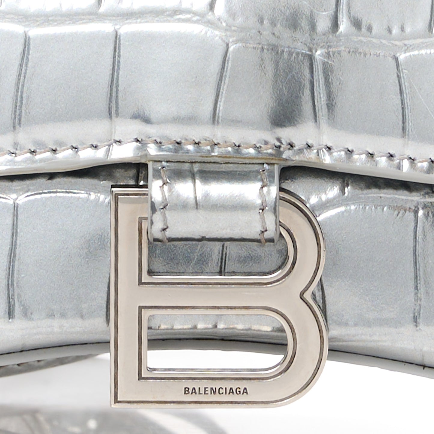 Metallic Calfskin Crocodile Embossed Hourglass Top Handle Bag XS Silver