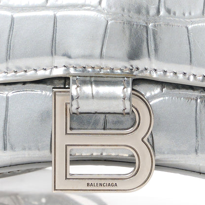 Balenciaga Metallic Calfskin Crocodile Embossed Hourglass Top Handle Bag XS Silver 7 of 10