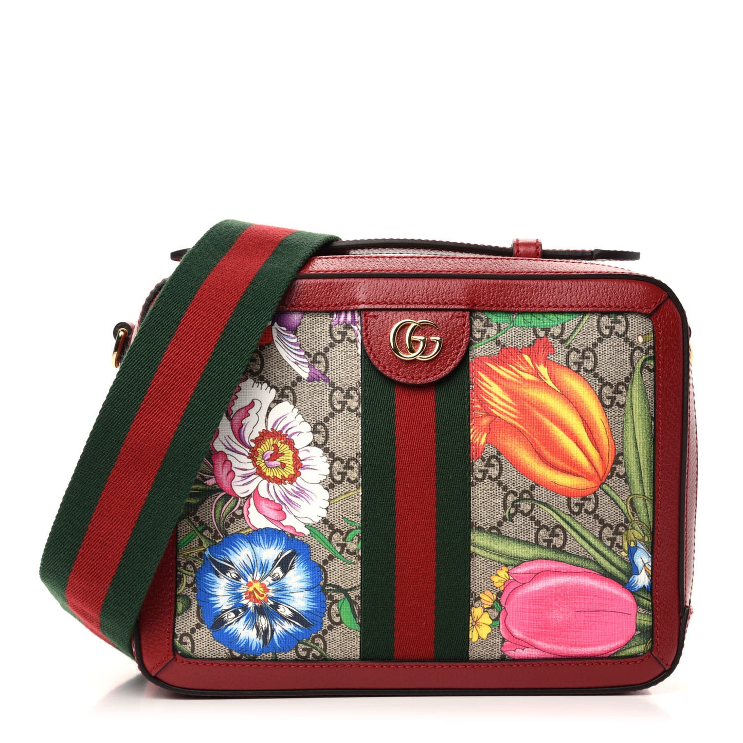 GG Supreme Monogram Flora Web Small Ophidia Top Handle Shoulder Bag Hibiscus Red