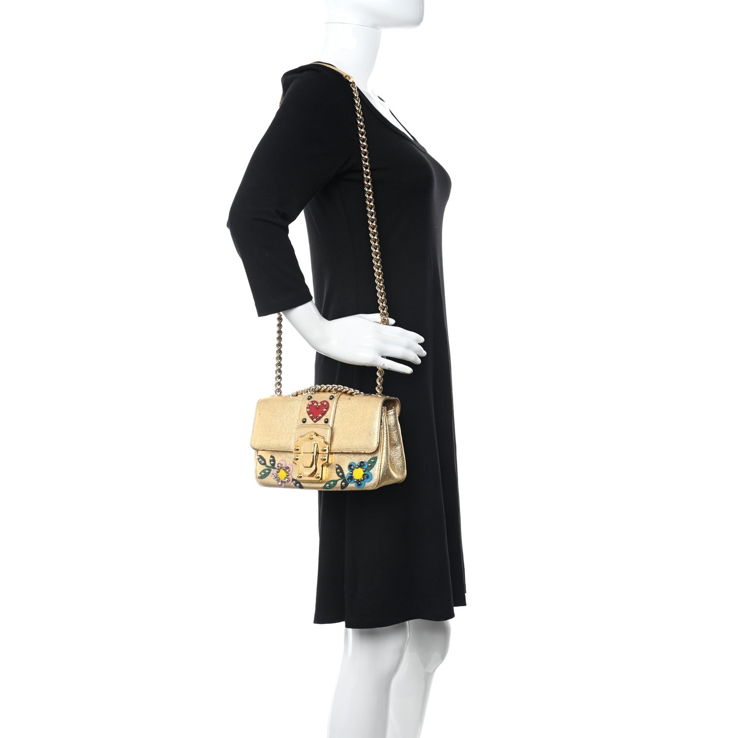 Dolce & Gabbana Metallic Calfskin Crystal Embellished Lucia Shoulder Bag Gold Multicolor 2 of 12