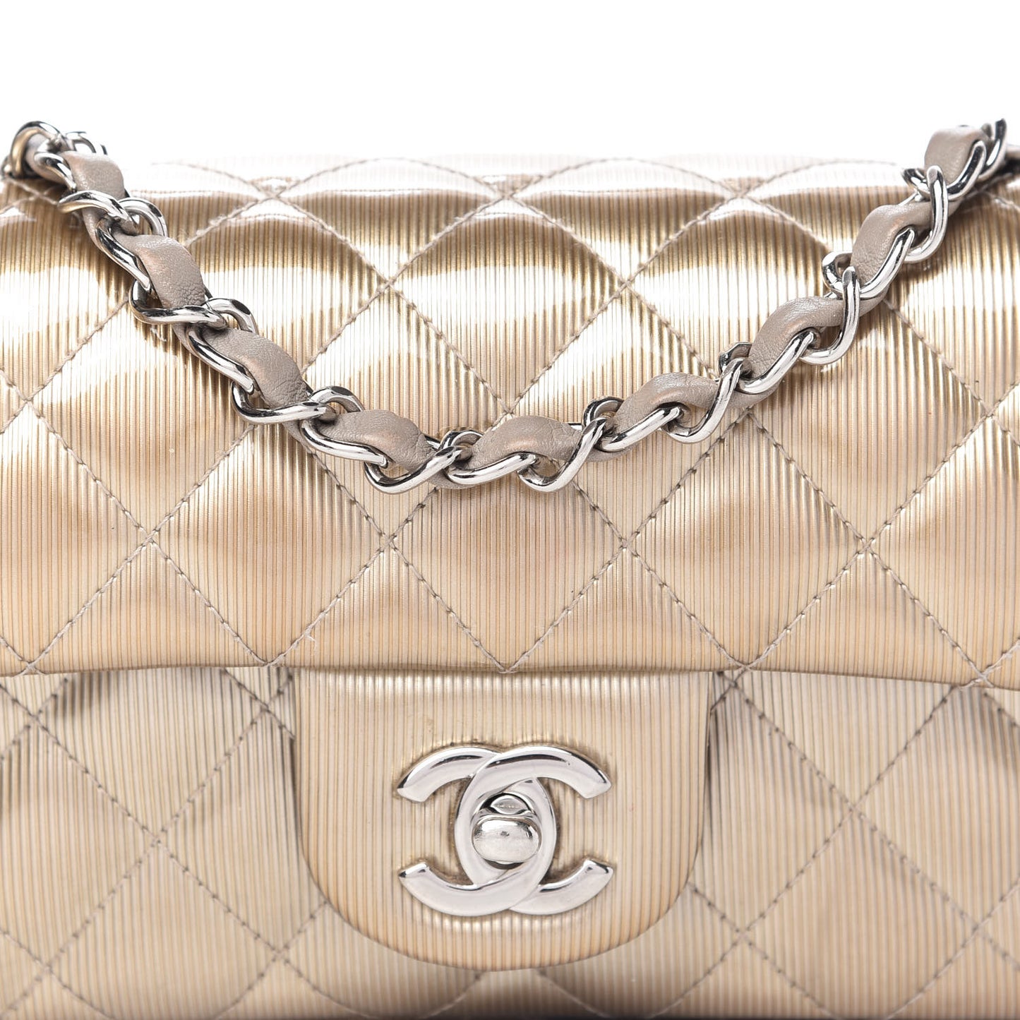 Striated Patent Quilted Mini Rectangular Flap Beige