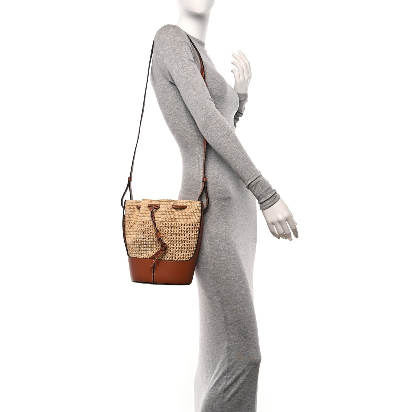 Raffia Calfskin Balloon Bucket Bag Natural Tan