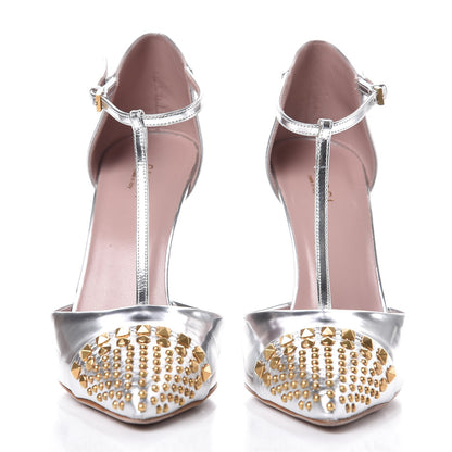Gucci Metallic Nappa Studded Glow Light T-Strap Pumps 39 Silver 2 of 9
