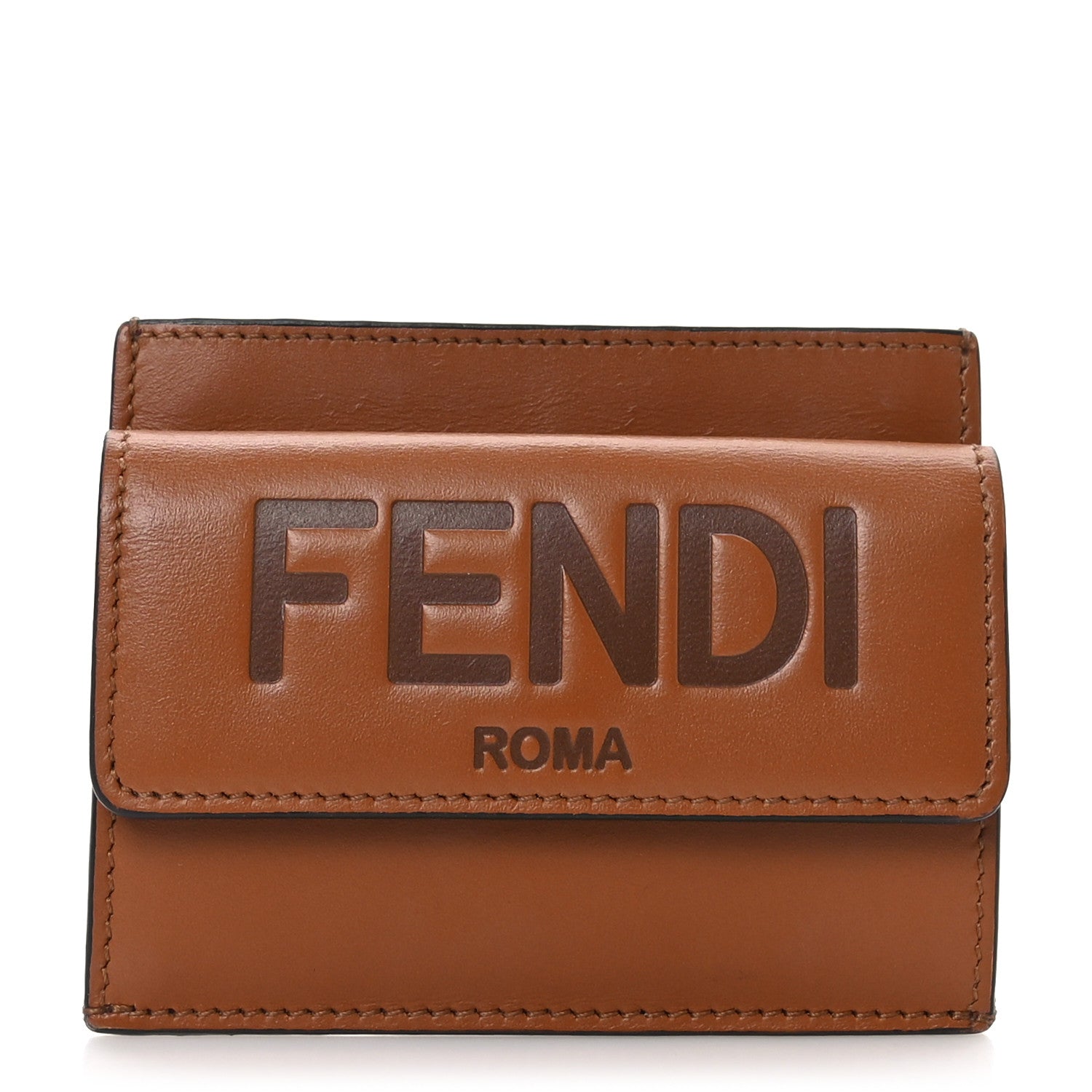 Fendi Vitello King Tamponato Logo Embossed Fold Over Card Holder Wallet Cuoio 1 of 8