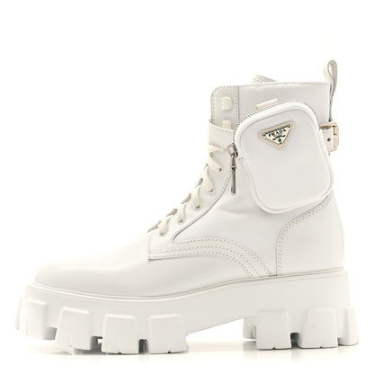 Prada Spazzolato Rois Re-Nylon Metal Triangle Logo Monolith Pouch Pocket 55mm Boots 40 White 1 of 13