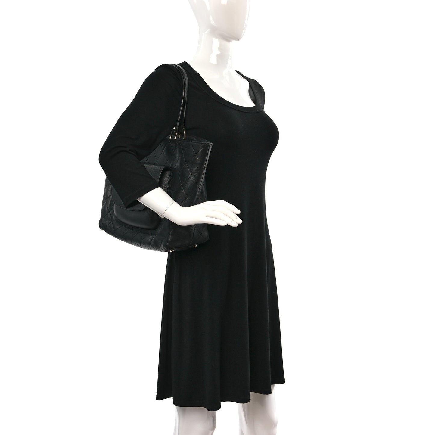 Sheepskin Caviar Quilted Large Shopping Tote Black