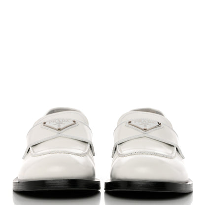 Prada Brushed Calfskin Metal Triangle Logo 20mm Loafers 38.5 White 2 of 9