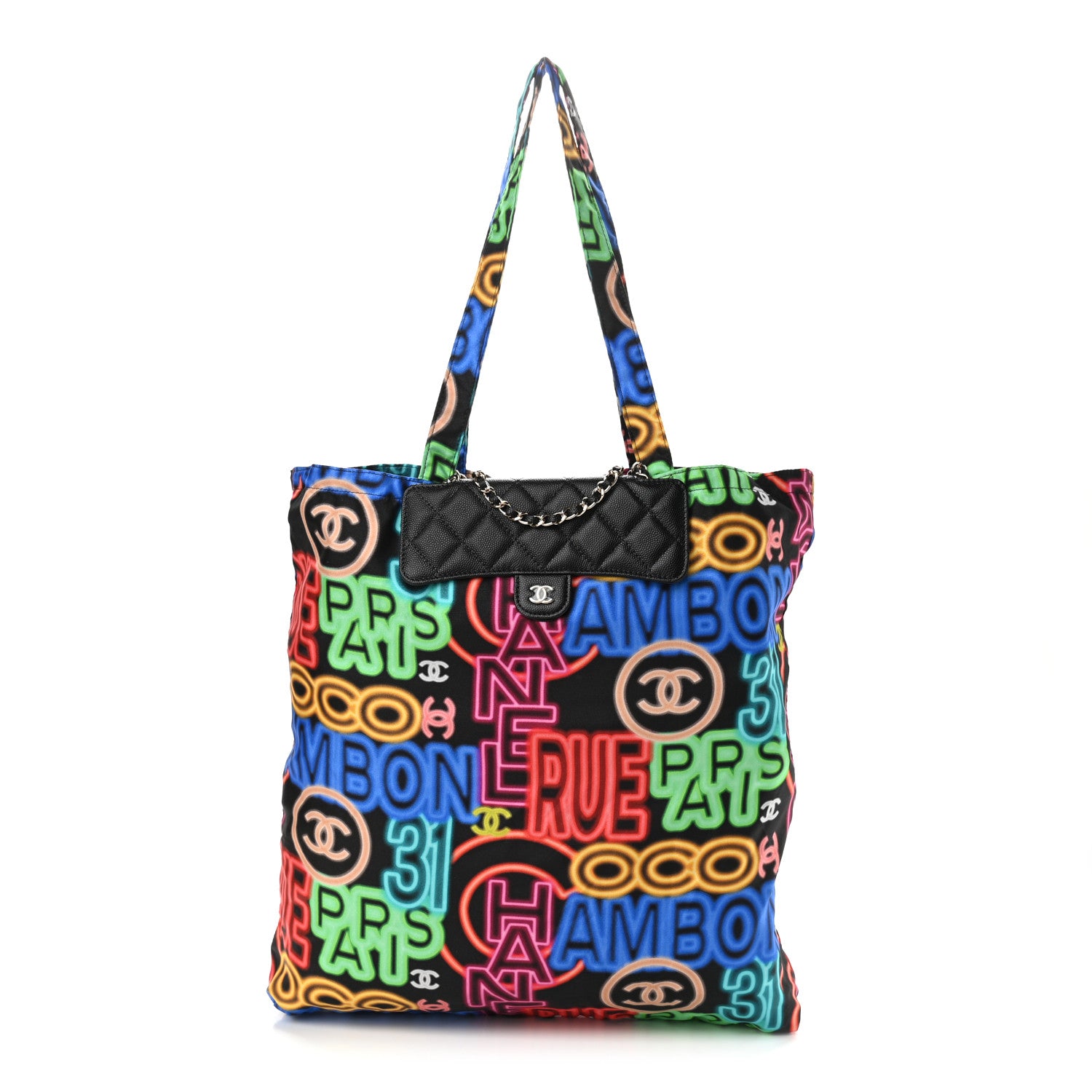 Chanel Caviar Fabric Graffiti Foldable Tote Bag With Chain Black Multicolor 1 of 15
