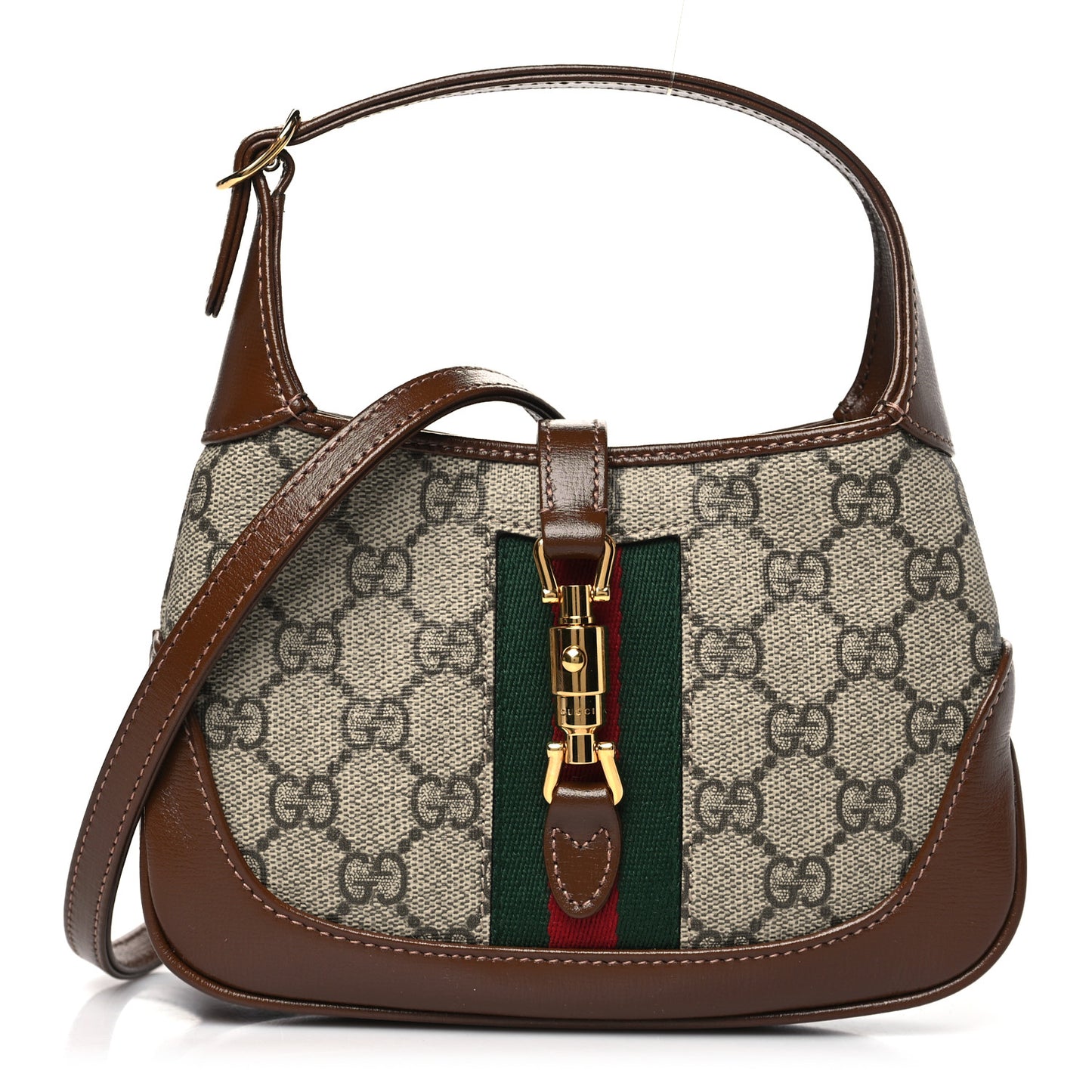 GG Supreme Monogram Azalea Calfskin Web Mini Jackie 1961 Hobo Beige Ebony Brown Sugar