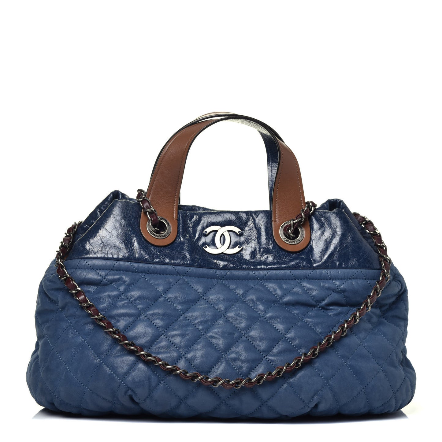 Iridescent Calfskin Quilted Large In The Mix Tote Navy
