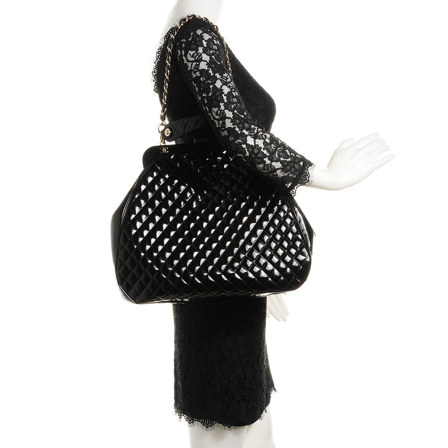 Glazed Calfskin Quilted Mademoiselle Large Frame Bag Black